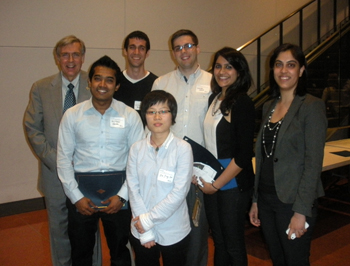 Professor for Senior Design, John Speidel, Seniors Colton Bower, Daniel Davis, Jahnavi Deshmuk and Professor Vibha Kalra. Bottom Left: Seniors Anirban Ghosh and Jia Xu.